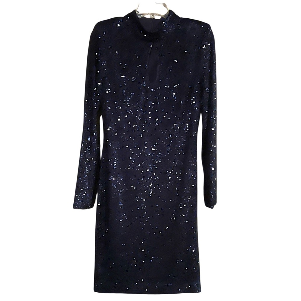 Vince Camuto Navy Sequin Long Sleeve Dress w/mock turtleneck and keyhole size 10